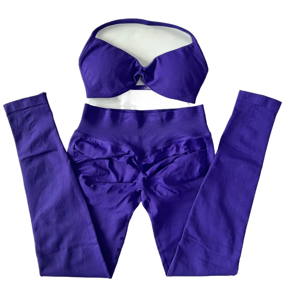 2 Pieces Set For Woman Strappy Yoga Bra Sports Top Workout Leggings Set Seamless Gym Set Fitness Clothes Outfit Activewear