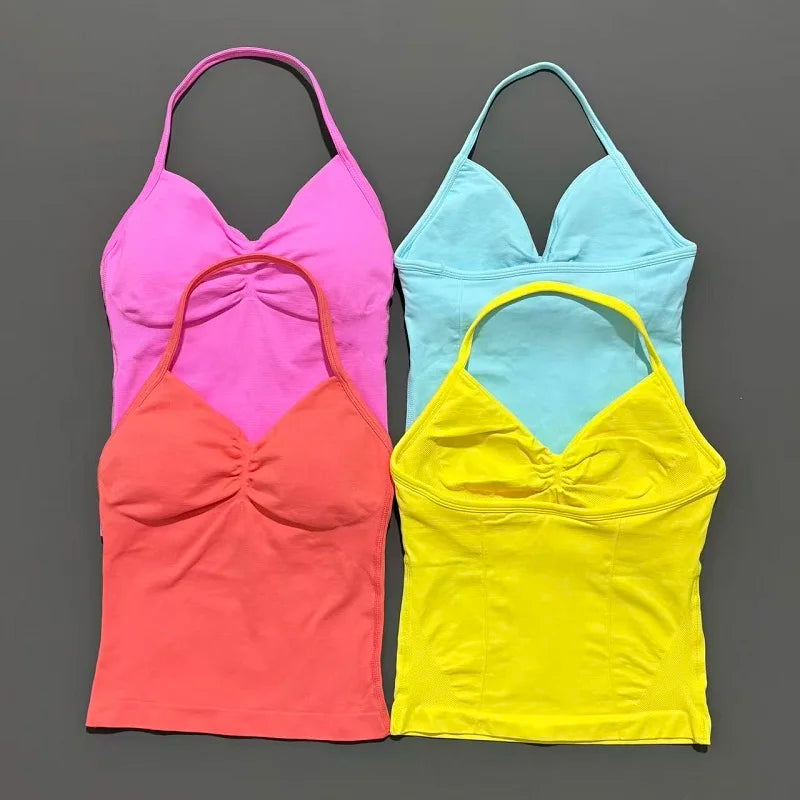 Gym Halter Top Woman Longline Strappy tank Padded Yoga Clothing Removable Cups Yoga Tank Tops Fitness Workout Running Activewear