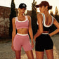 Women's Yoga Running Gym Shorts High Waist Color Block Ribbed Naked Feel Moisture Wicking Quick Dry Tight Workout Shorts