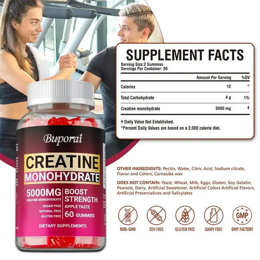 Creatine Monohydrate Gummies - Increases Endurance, Builds Muscle, Improve Athletic Performance, Energy and Focus, Non-GMO