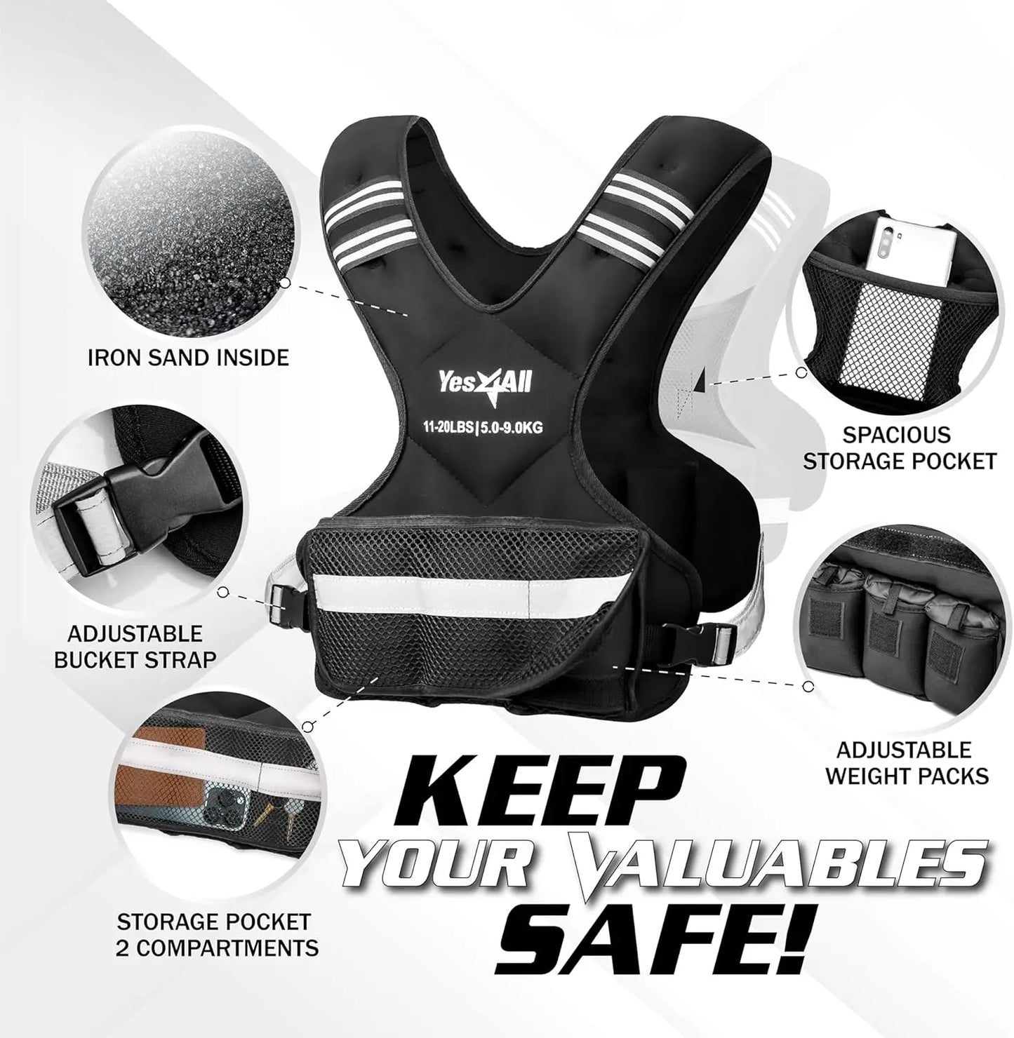Adjustable Weighted Vest 11-32lbs Reflective Strip for Men & Women Strength Training