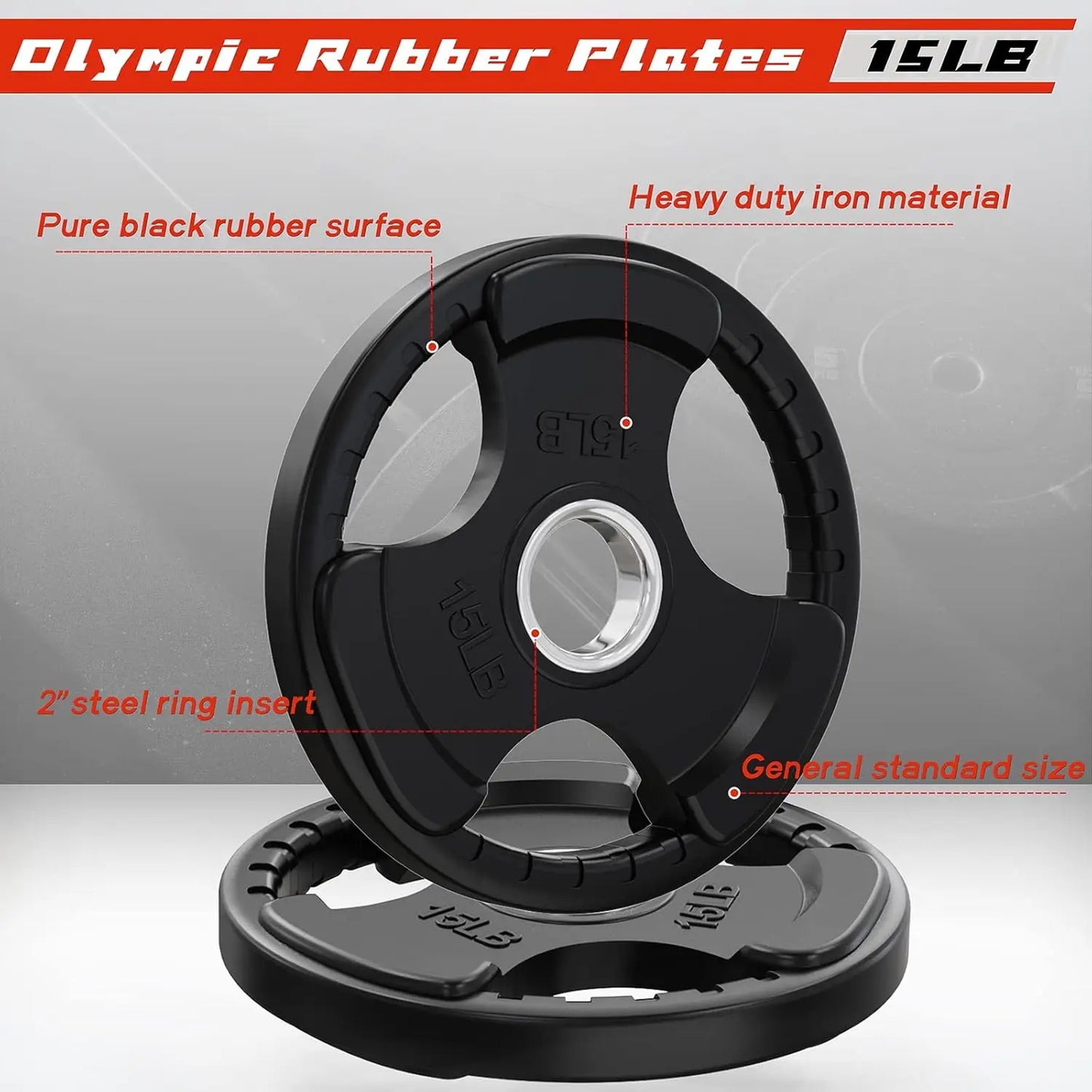 Rubber Grip Plates for Barbell, 2-Inch Weight Plates for Weightlifting and Strength Training in Home & Gym, 2x15LB