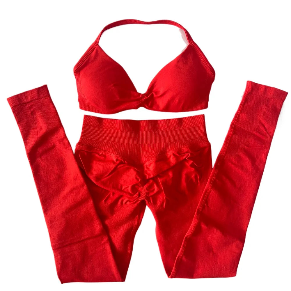 2 Pieces Set For Woman Strappy Yoga Bra Sports Top Workout Leggings Set Seamless Gym Set Fitness Clothes Outfit Activewear