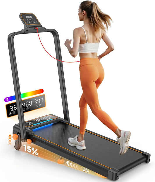 Treadmill Walking Pad with 15% Incline/Handle Bar/2 LED Display, 3.5HP Foldable Walking Pad Treadmill 350+lb RGB Light