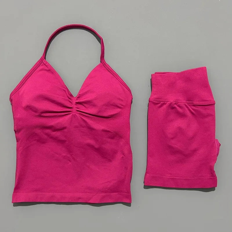 Yoga 2 Pieces Gym Set Women Backless Halter Tops High Waist Seamless Shorts Gym Suit Fitness Sports Bras Sportswear Workout Sets