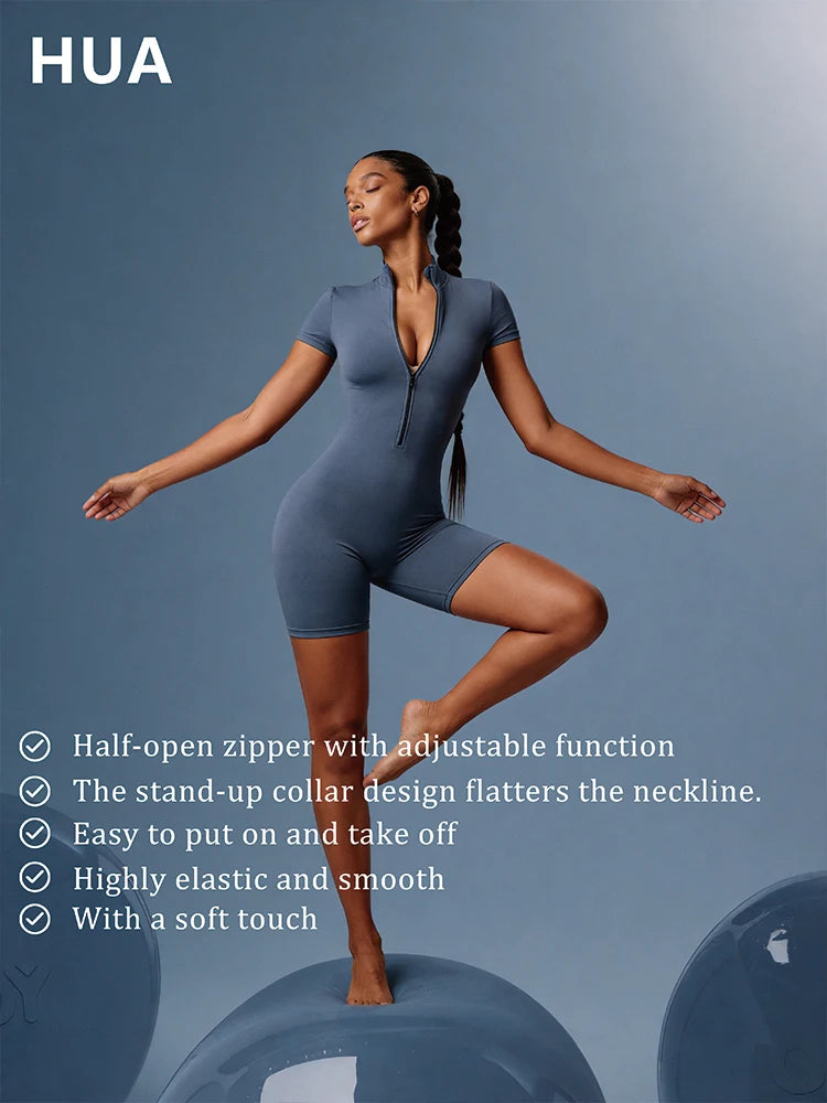 Half Zipper Yoga Bodysuit for Women - Stand Up Collar One Piece Tight Fit Waist Cinching Jumpsuit Quick Dry Gym Workout
