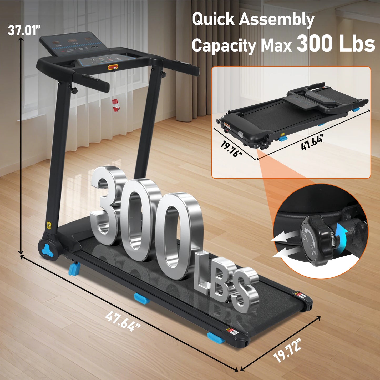 Treadmill with Incline for Home 10.0MPH 300 LBS Capacity Quiet Foldable Treadmills with Heart Rate Sensors Type C USB Bluetooth