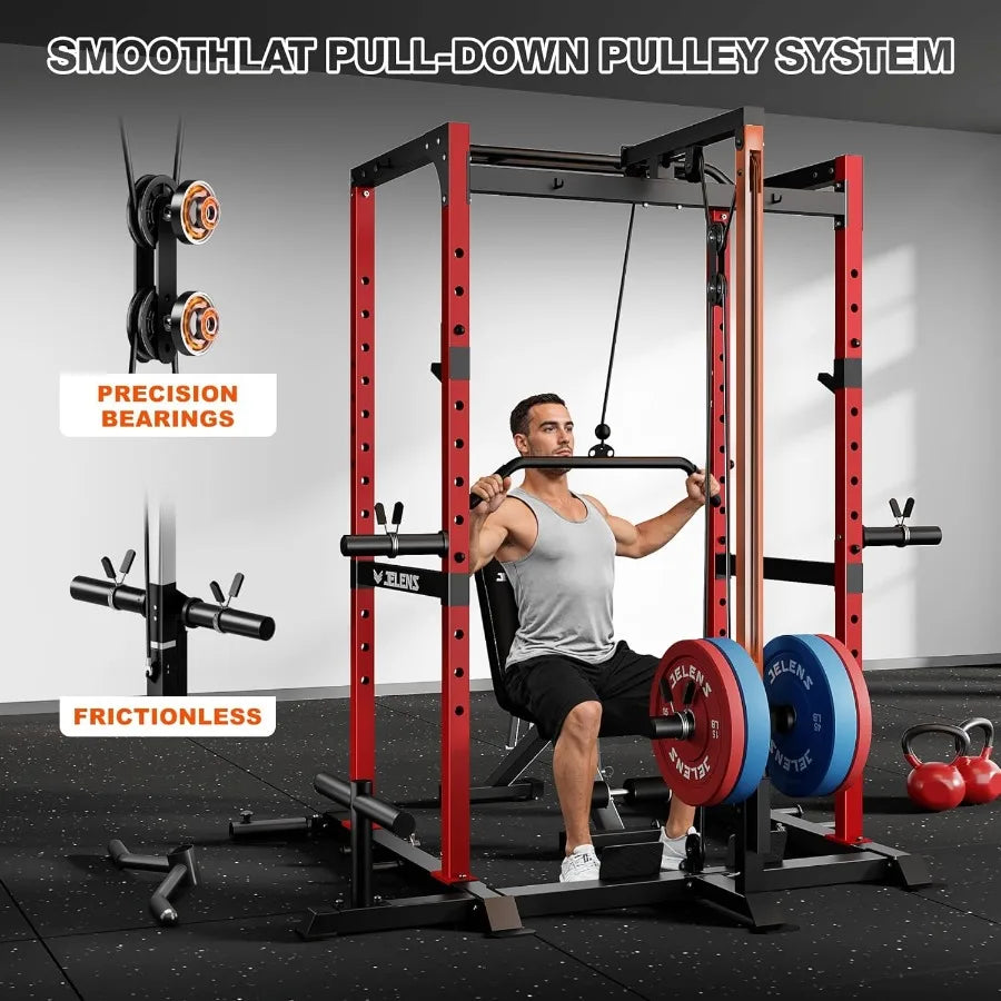 Power Cage, Multi-Function Power Rack with Adjustable Cable Crossover System, 2000LBS Squat Rack for Home Gym with More Training