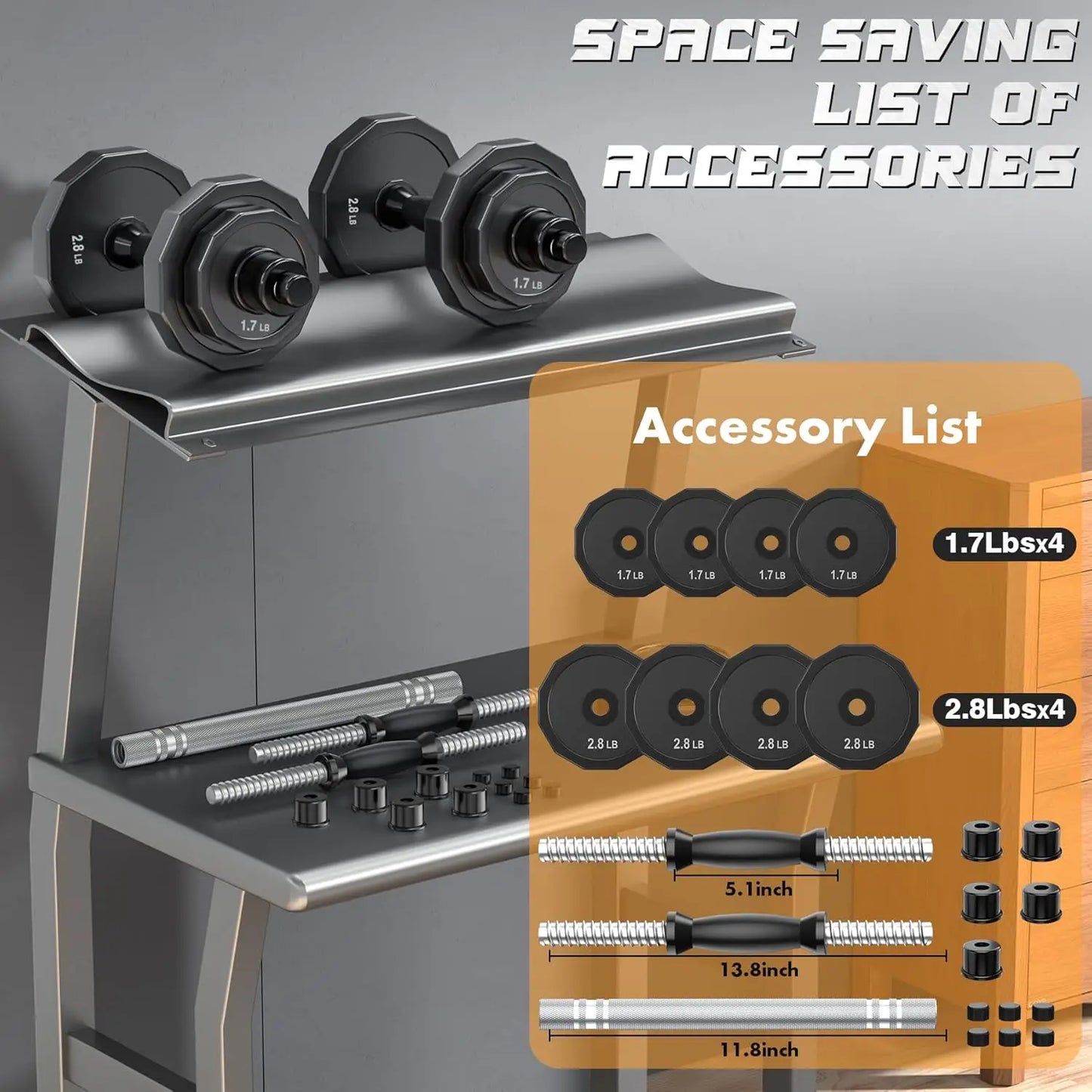 Adjustable Dumbbell Set 22-88Lbs with Solid Steel, Barbell Connector for Home Gym Strength Training Men Women