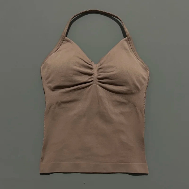 Gym Halter Top Woman Longline Strappy tank Padded Yoga Clothing Removable Cups Yoga Tank Tops Fitness Workout Running Activewear
