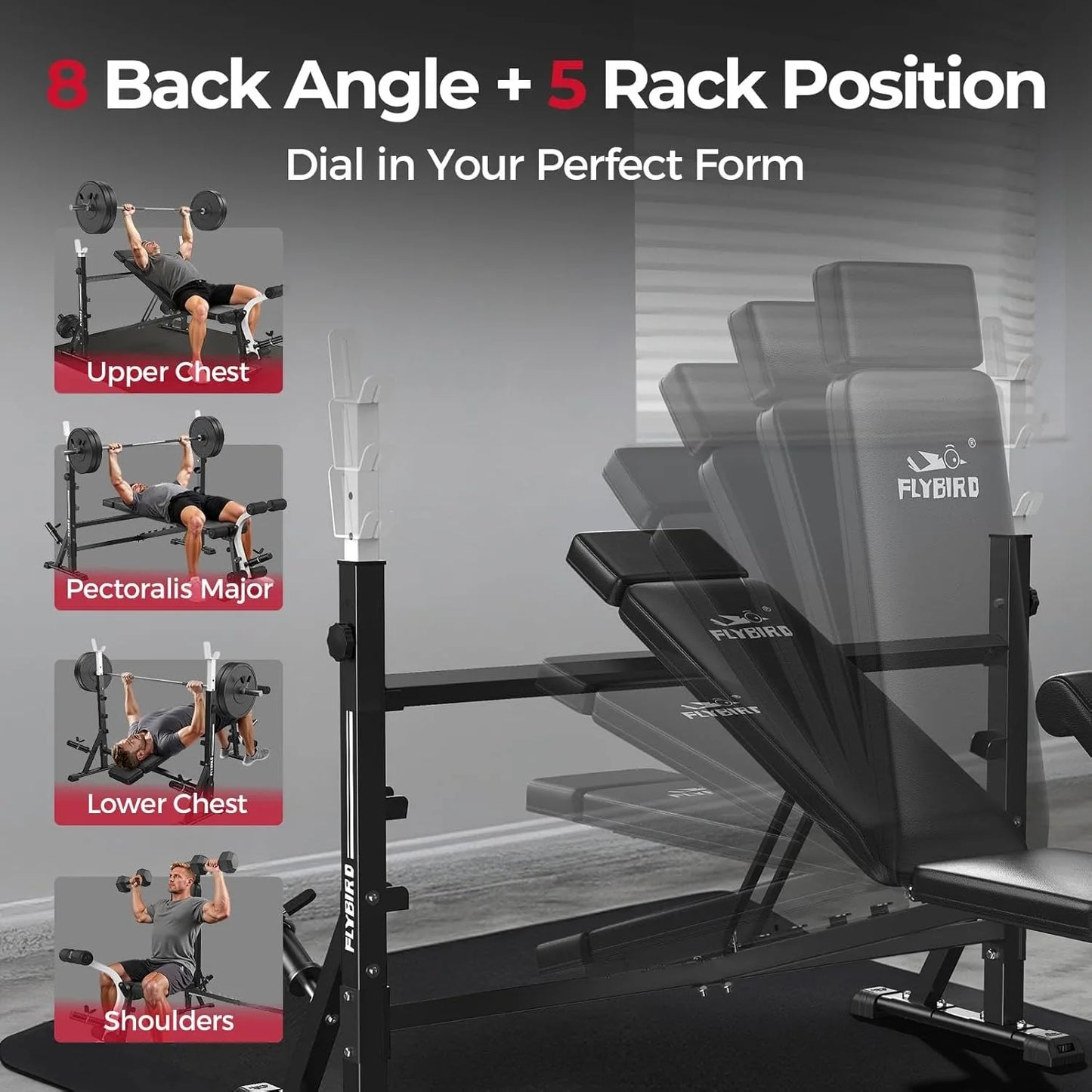 FLYBIRD Adjustable Weight Bench, with Bench Press Rack, Leg Extension and Leg curl, for Home Gym Workout，47IN-Width
