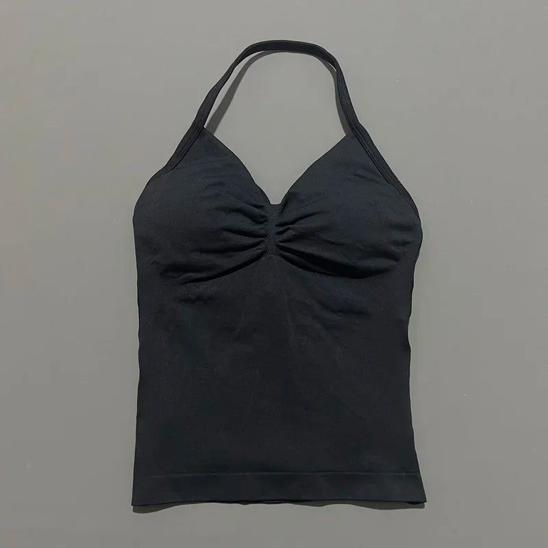 Gym Halter Top Woman Longline Strappy tank Padded Yoga Clothing Removable Cups Yoga Tank Tops Fitness Workout Running Activewear