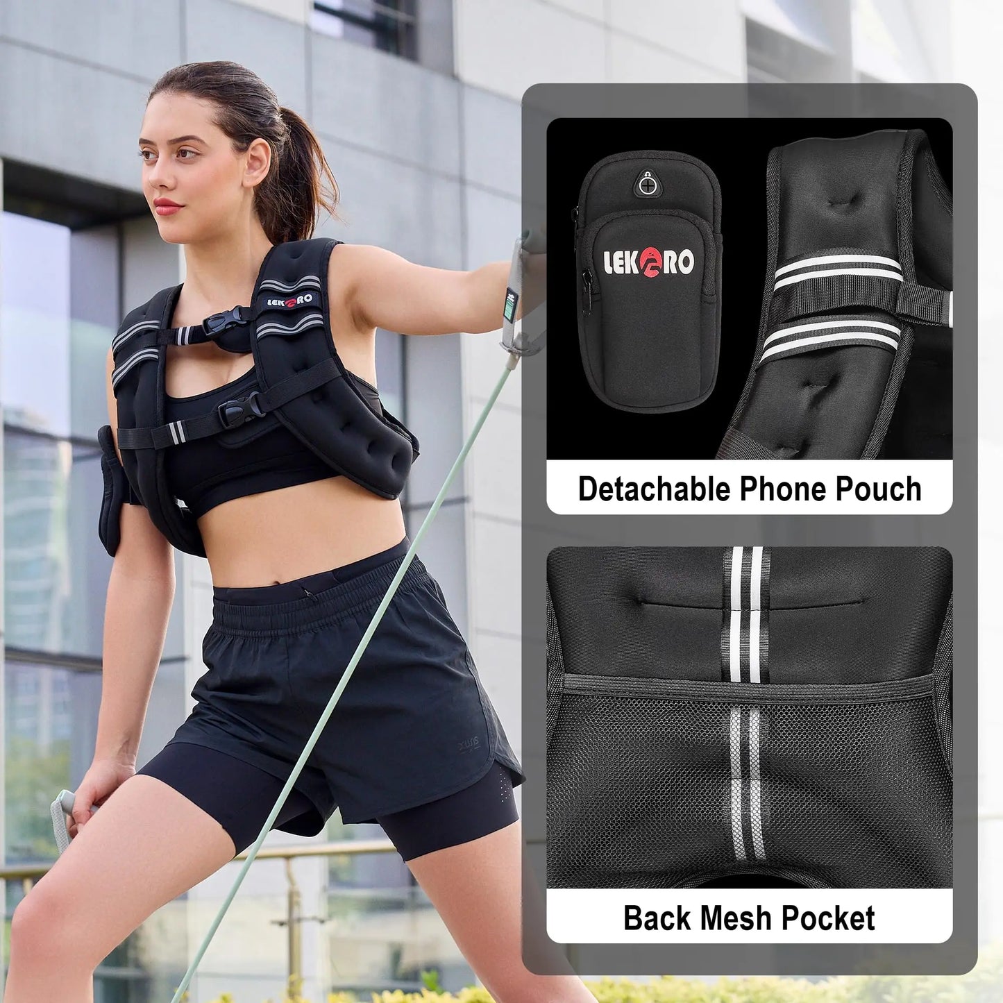 Weighted vest for men and women with reflective strips for exercise, strength training, running, and walking