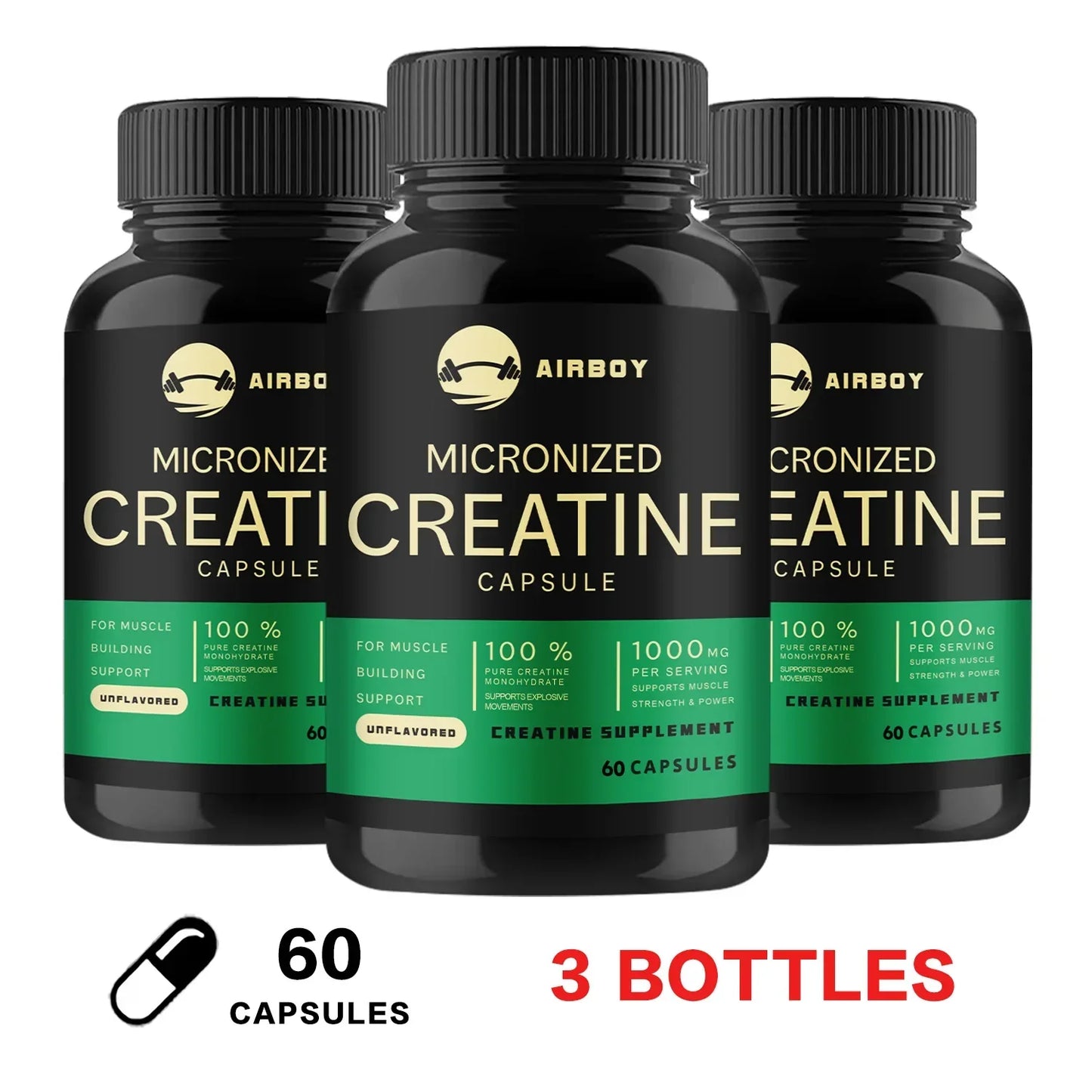 Creatine Monohydrate Capsules - Strength, Muscle, Performance Supplement for Men and Women, Non-GMO and Gluten-Free